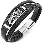 Men’s Black Braided Leather Bracelet with Vintage Owl Charm Steel Clasp Punk Gothic Wristband