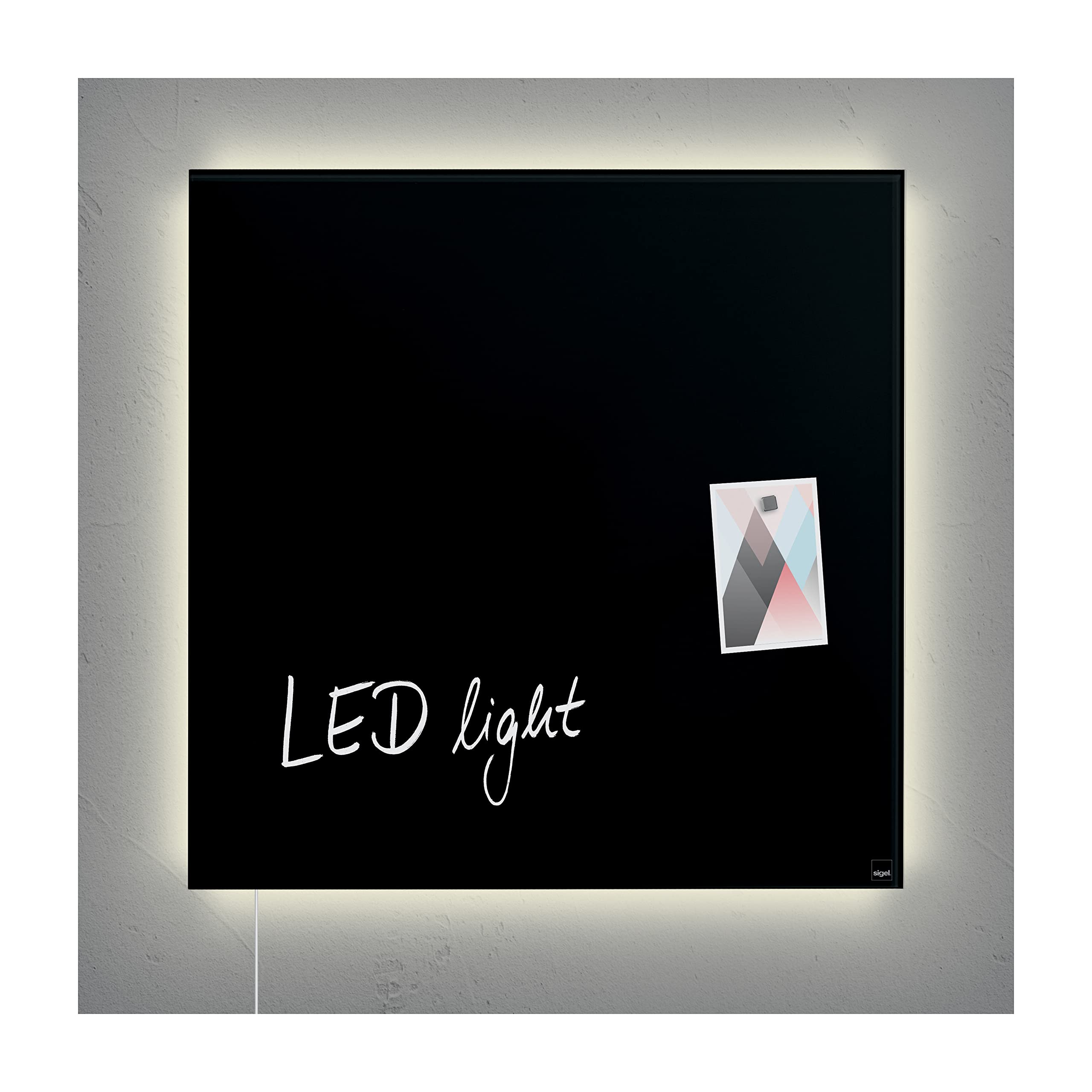SIGEL GL450 Premium Glass magnetic Board, glossy surface, 48 x 48 cm, with LED lighting, easy mounting, Black - Artverum