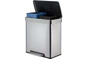 QUALIAZERO 60L/15.8Gal Heavy Duty Hands-Free Stainless Steel Commercial/Kitchen Step Trash Can, Fingerprint-Resistant Soft Close Lid Trashcan, Rectangle Shape (60L Recycle)