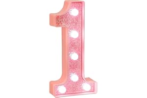 EUFONY Pink Glitter LED Marquee Light Up Number 1 with Cool White Lights, Battery-Powered Numbers sign for Girls' Birthday Party Decorations, Gift for Girls Room Wall Decor, 2 Adhesive Hooks Included