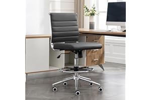 LEPDEP Okeysen Drafting Chair Armless Desk Stool, 400 LBS Ergonomic Leather Tall Office Chair with Adjustable Foot Ring, Modern Standing Desk Chair with Ribbed Mid Back, Swivel Rolling Drafting Stool.