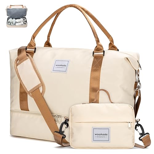 WOOMADA Weekender Overnight Bag for Women, Shoulder Travel Duffel with Shoes Compartment,Gym Bag with Toiletry Bag Large Size(beige&brown)