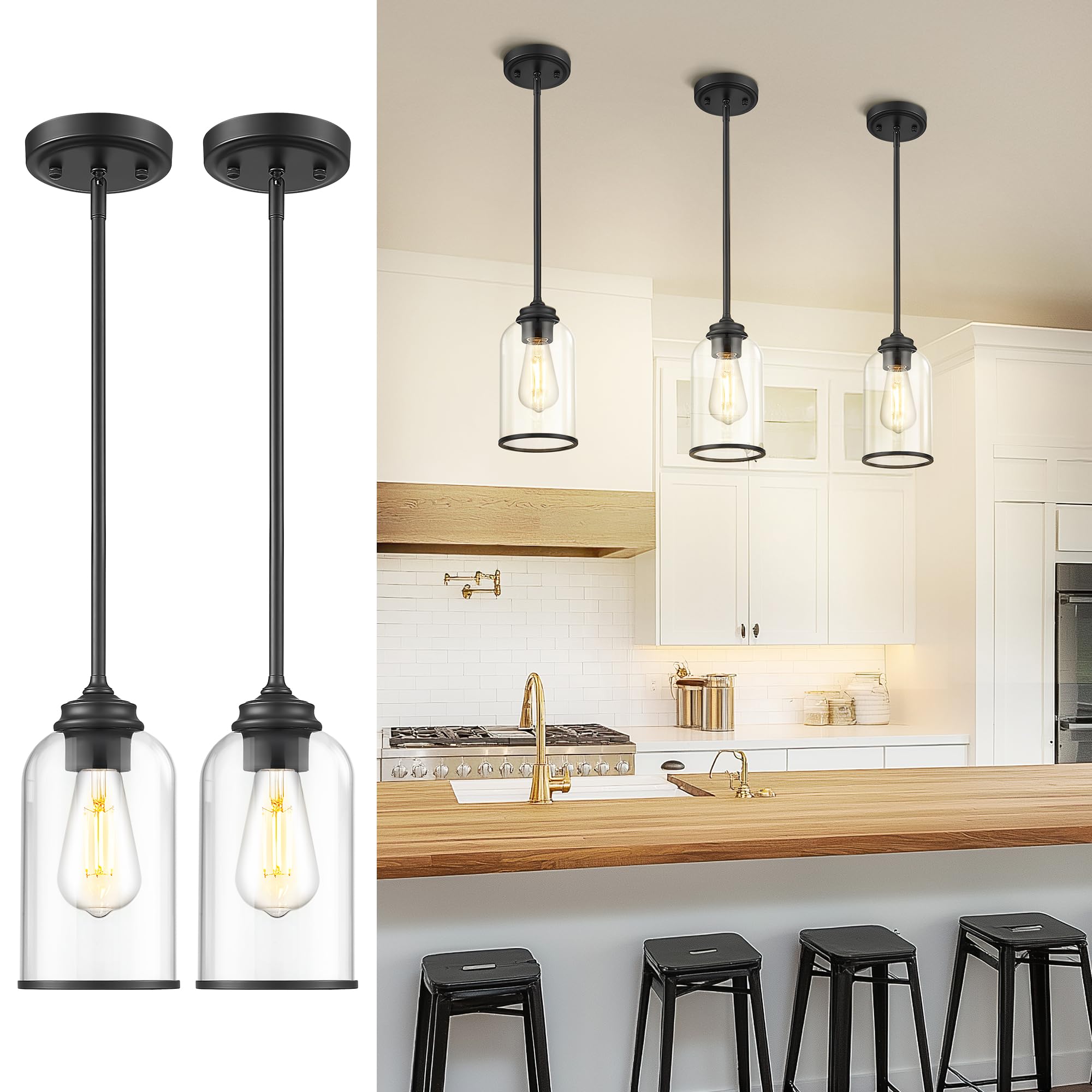 Photo 1 of LIROUVET 2 Pack Pendant Lights Kitchen Island, Modern Pendant Lights, Black Hanging Lamp with Clear Glass, Industrial Pendant Light Fixtures for Dining Room PL02 CLBK-2PK