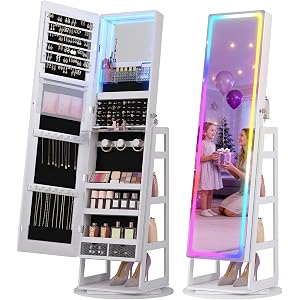 Dystler RGB Jewelry Cabinet with Full Length Mirror, 360° Rotating Lockable | 12-Zone Velvet Floor Standing Jewelry Organizer