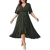 SCOMCHIC Women's Plus Size Summer Dresses Short Sleeve Wrap V Neck Swiss Dot Boho High Low Split Ruffle Maxi Dress
