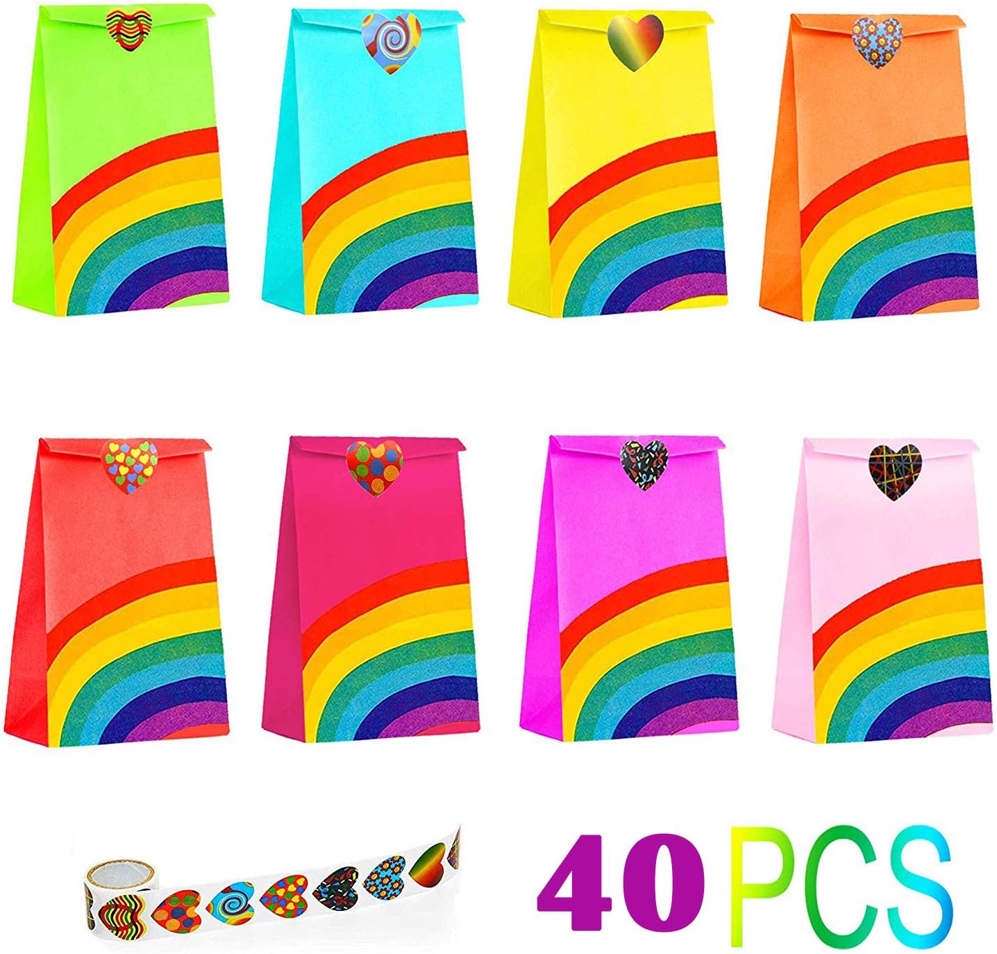 TsLinc 40 Pieces Christmas Candy Bags Rainbow Party Bag with 100 Heart Stickers Party Favor Paper Gift Bags Ideal for Christmas Party Supplies Decorations