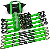 Rhino USA Car Tie Down Straps for Trailers with J Hooks (4-Pack) – 2" x8' (10,000lb Break Strength) – Heavy Duty Car Hauler Tire Straps with Axle Straps for UTV, Powersports & More – Green