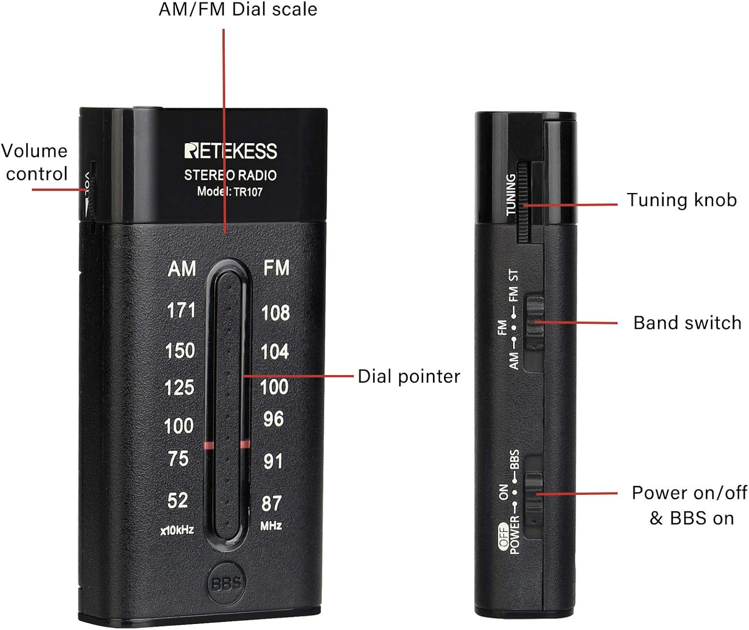 Retekess TR107 Pocket Radio with Headphones, Transistor Radio FM AM, Portable, Bass Boost, AAA Batteries, for Outdoor Indoor - Image 3