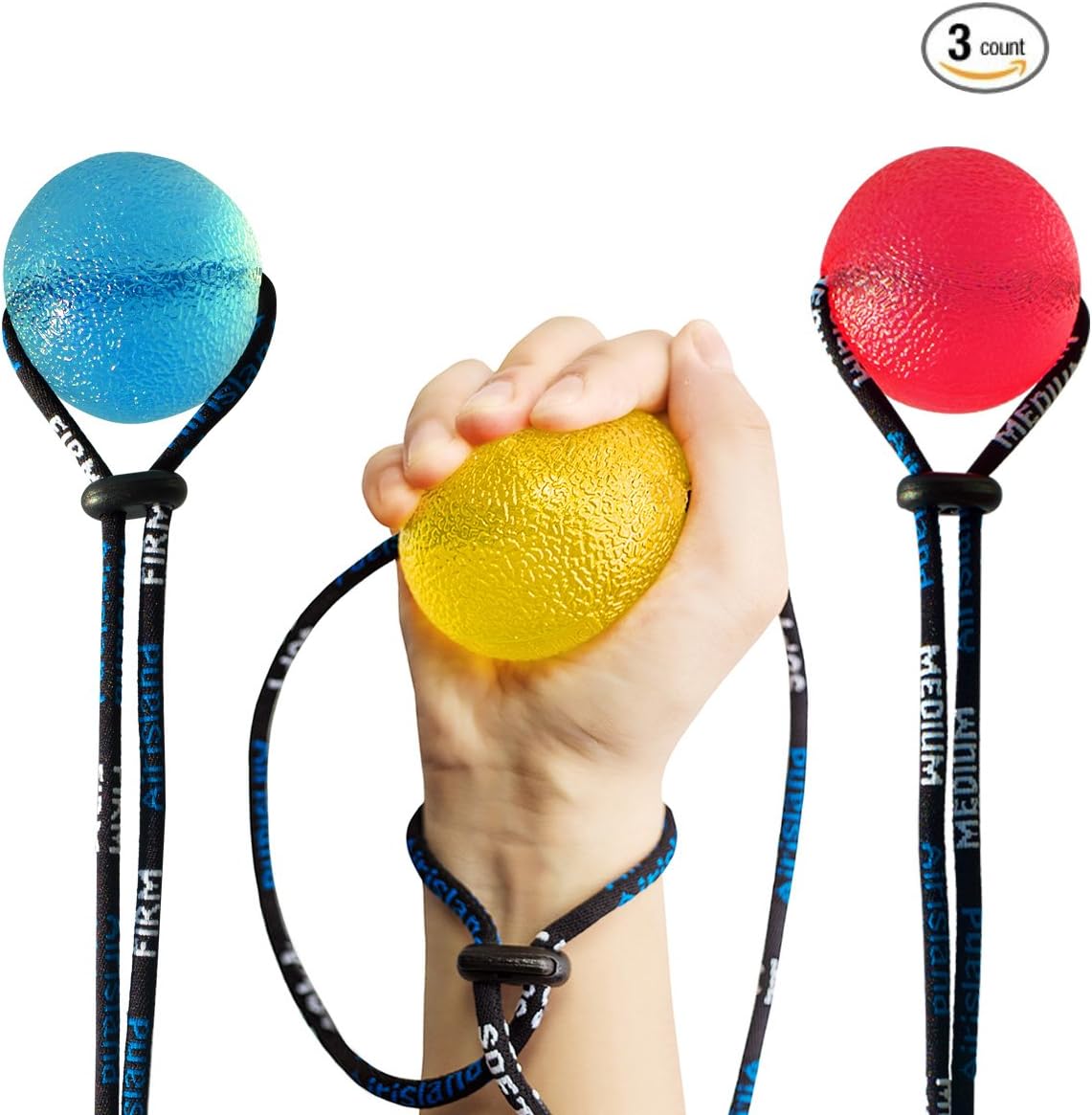 Airisland Hand Finger Squeeze Stress Balls on a String Grip Strengthening Therapy Perfect for Stress Relief Hand Exercise Arthritis Rehabilitation Set of 3 Resistance Balls No Falling Rolling Away
