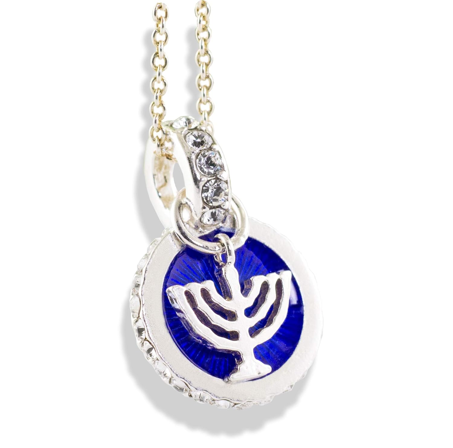 Menorah Charm Blue Enamel Medallion Jewish Necklace 925
