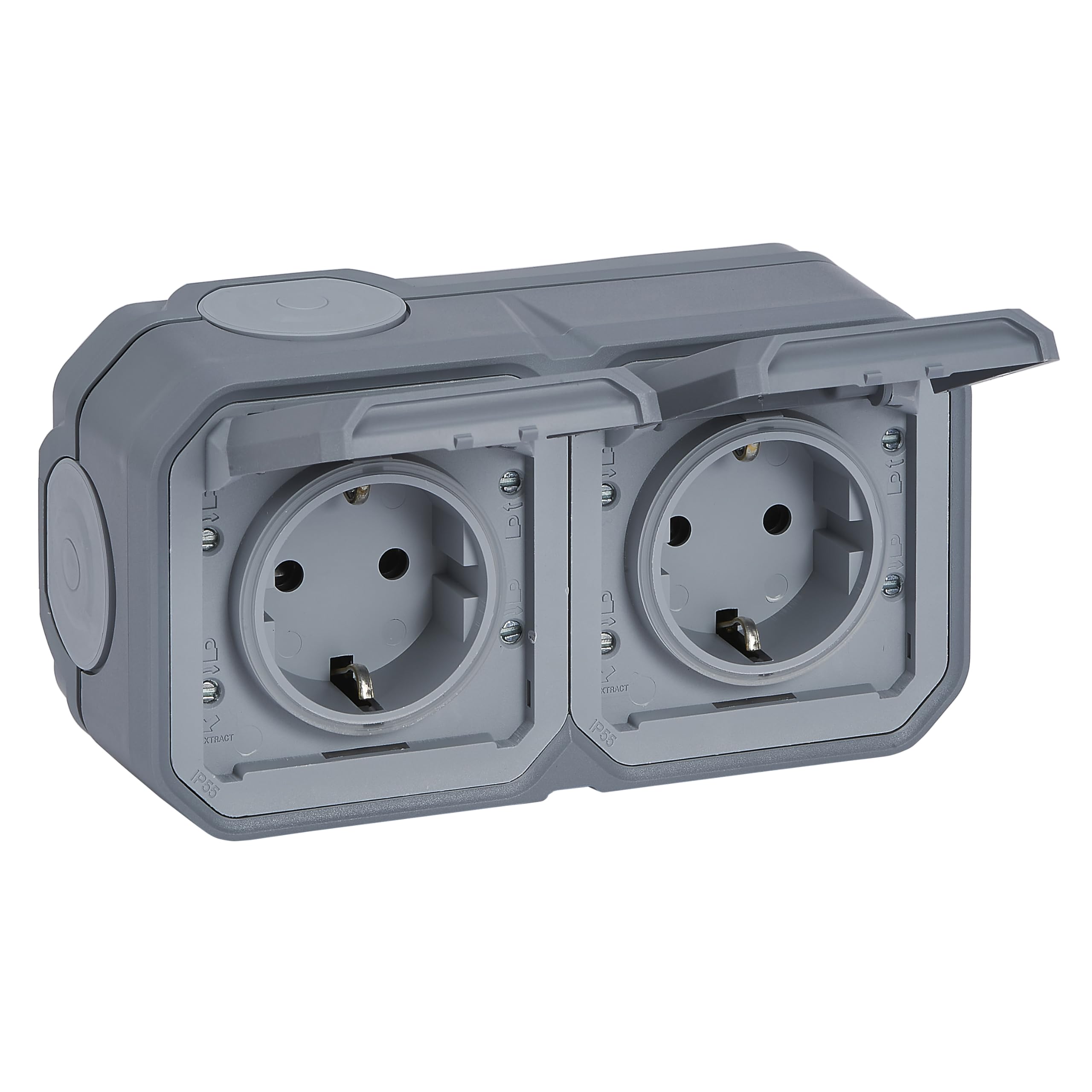 LEGRAND, Plexo New Feuchtraum-Steckdose, 2-fach, Schuko-Standard, inklusive Klappdeckel, Berührungsschutz, vorverdrahtet, Steckklemmen, horizontal, IP44 - IK07, Farbe: Grau, 069742L