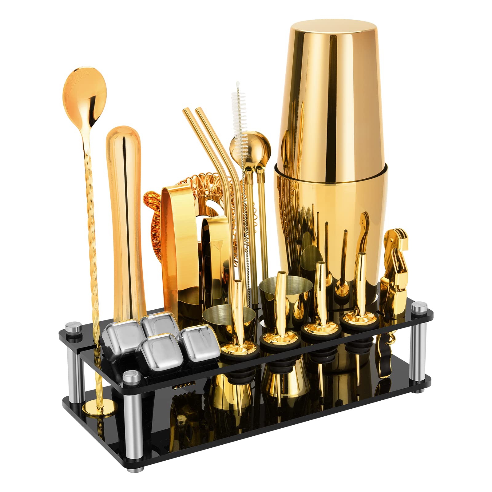 Cocktail Shaker Set, 23 PCS Boston Stainless Steel Bartender Kit with Acrylic Stand & Cocktail Recipes Booklet, Professional Bar Tools for Drink Mixing, Home, Bar, Party (Gold, 20oz&24oz)