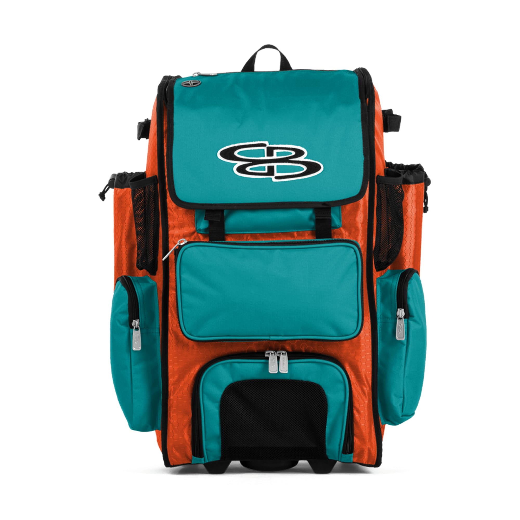 Boombah Rolling Superpack Baseball/Softball Gear Bag - 23-1/2" x 13-1/2" x 9-1/2" - BRSP2C23 Orange/Teal - Telescopic Handle - Holds 4 Bats - Wheeled Version Image