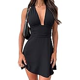 OWIN Women Summer Casual Sexy Halter Deep V Neck Dress Flowy Backless Bow Tie High Waist Beach Sundress Club Mini Dress