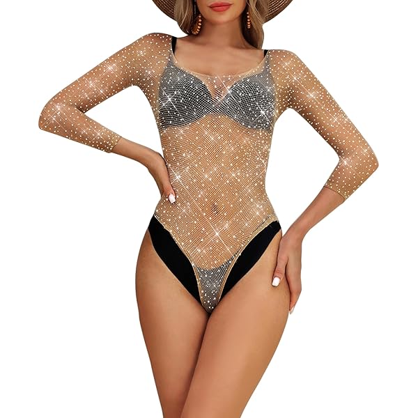Body Femme Résille Strass Manches Longues - Teddy Maille, Transparent, Pour Danse, Club, Fête, Cosplay (taille Unique)