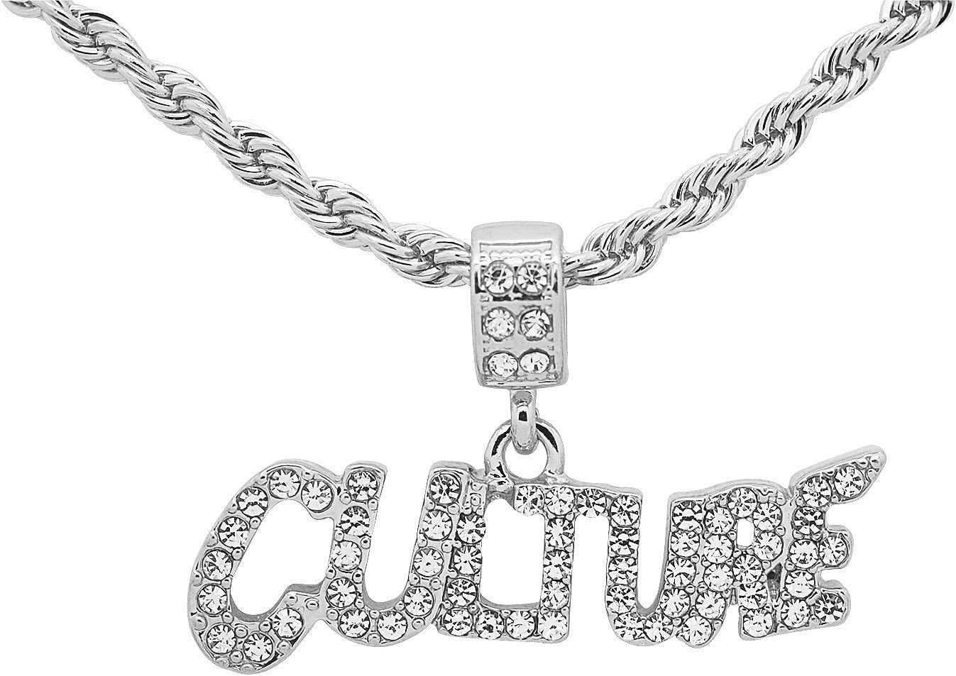 White Gold-Tone Bling Hip Hop Pave Stones"Culture" Letter Pendant with 24" Rope Chain