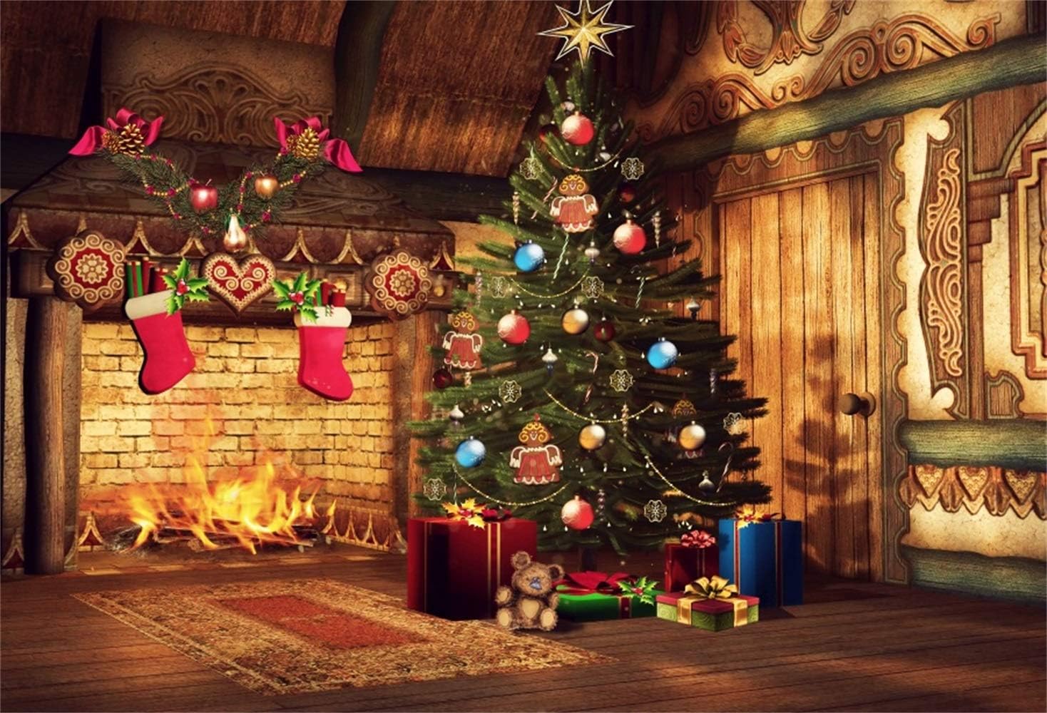 Amazon Com Laeacco Christmas Theme Backdrop Vinyl 10x7ft Indoor Xmas Tree Gifts Vintage Fireplace Fireflame Red Stockings Shabby House Background Xmas Party Banner Child Kids Baby Portrait Shoot Camera Photo