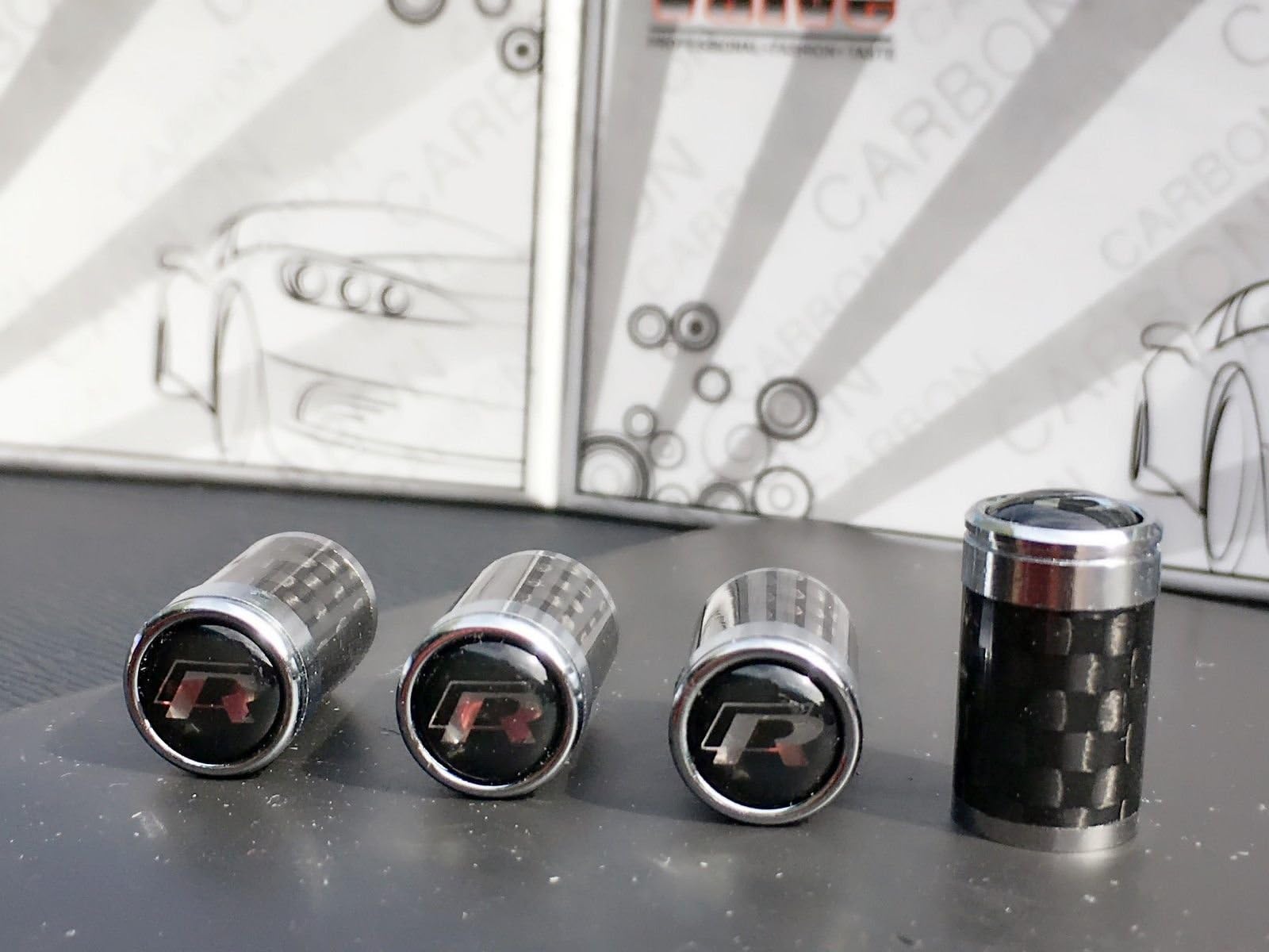Car Accessory Warehouse VW R R-Line Volkswagen 3K Carbon Fiber CF Tire Valve Stem Caps with Logo Emblem, Copper Sheet Backing Plate, Aluminum Construction Exclusive Product