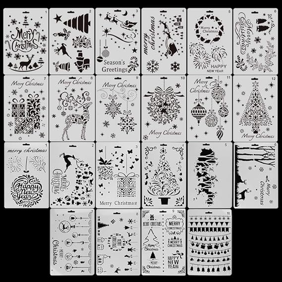22pcs Kit De Dessin Au Pochoir Noel Peinture En Plastique Bullet Journal Pochoir Forme Renne Arbre De Noel Flocon De Neige Cloche Decoration Bricolage Pour Enfant Scrapbooking Carte Anniversaire Fete Loisirs Creatifs