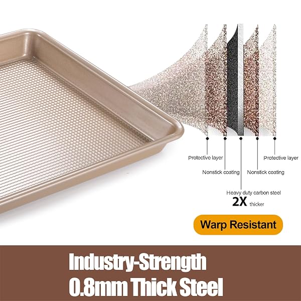 JOHO BAKING COOKIE SHEETS FOR BAKING NONSTICK, 2 PACK HEAVY DUTY 0.8MM BAKING SHEET PAN SET QUARTER(9X13IN) & JELLY ROLL(10X15IN) WITH DIAMOND TEXTURE, GOLD COMMERCIAL GRADE, SMALL OVEN SAFE