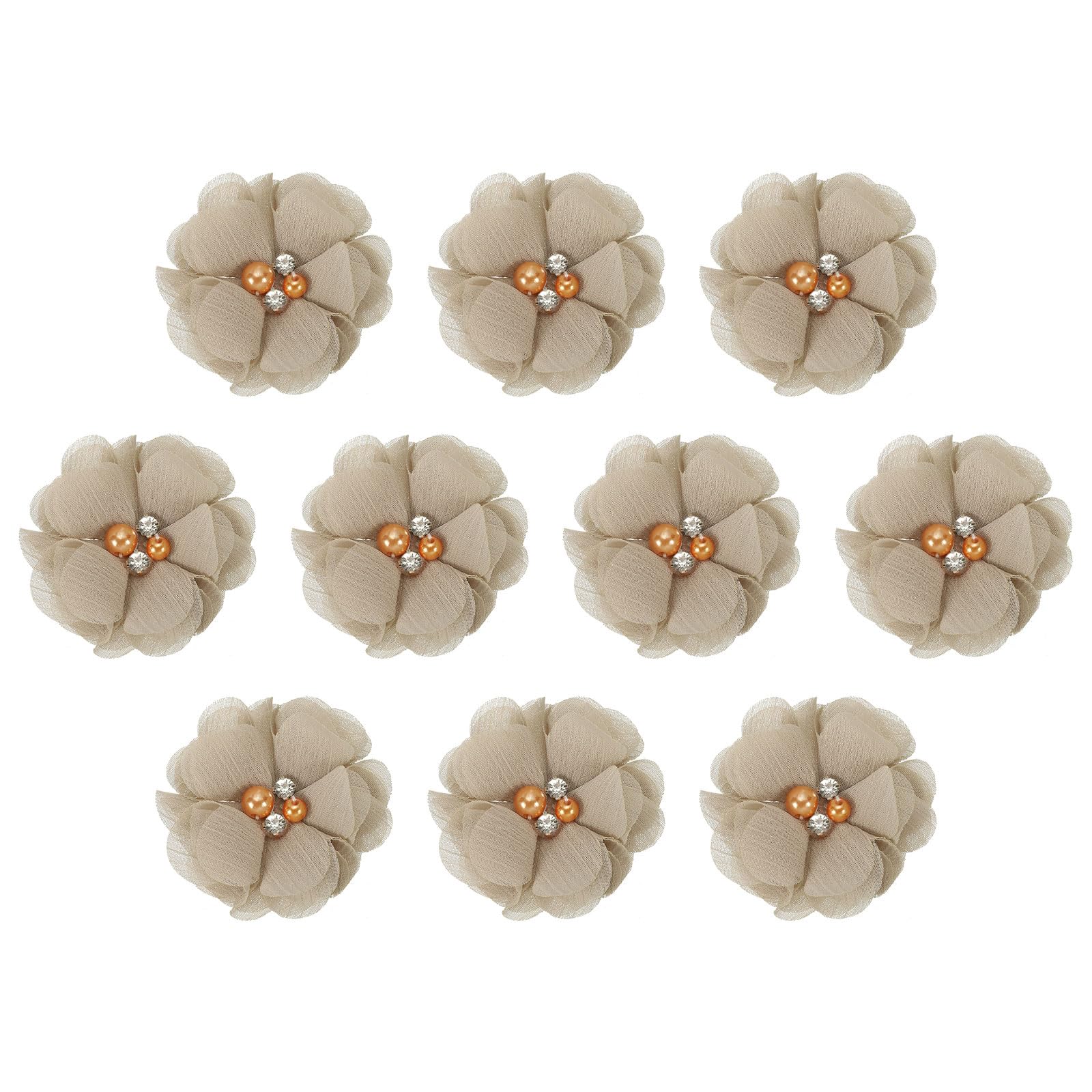 PATIKIL 2" Chiffon Flowers, 10Pcs Fabric Flowers Sewing Appliques Embellishments with Rhinestone Pearl for DIY Crafts Wedding Headbands Party Decoration, Khaki