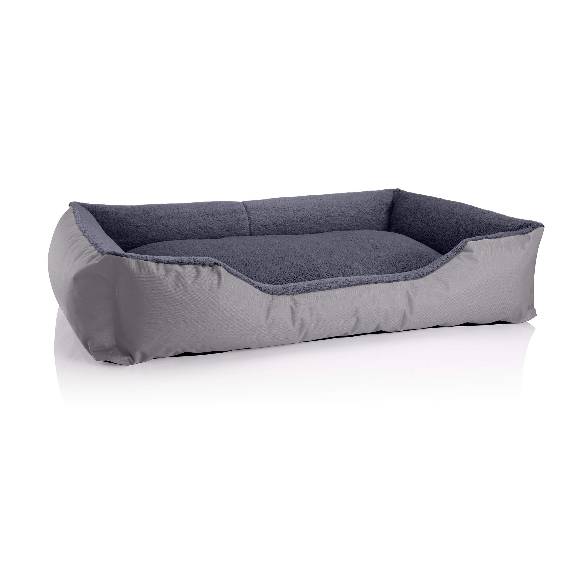 BedDog® Teddy Dog Bed, Dog Sofa Made of Cordura and Microfibre Velour, Washable Dog Bed with Edge, Dog Cushion, Square, for Indoor, Outdoor, Size XXL, Grey/Grey