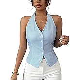 Floerns Women's Striped Sleeveless Halter Tops Button Down Open Back Tank Tops