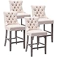 Kiztir Counter Height Bar Chairs Set of 4, 27" Modern Velvet Bar Stools with Button Decor, Nailhead Trim, Solid Wooden Legs, Beige Upholstered Bar Stools for Kitchen, Cafe, Pub (Beige)