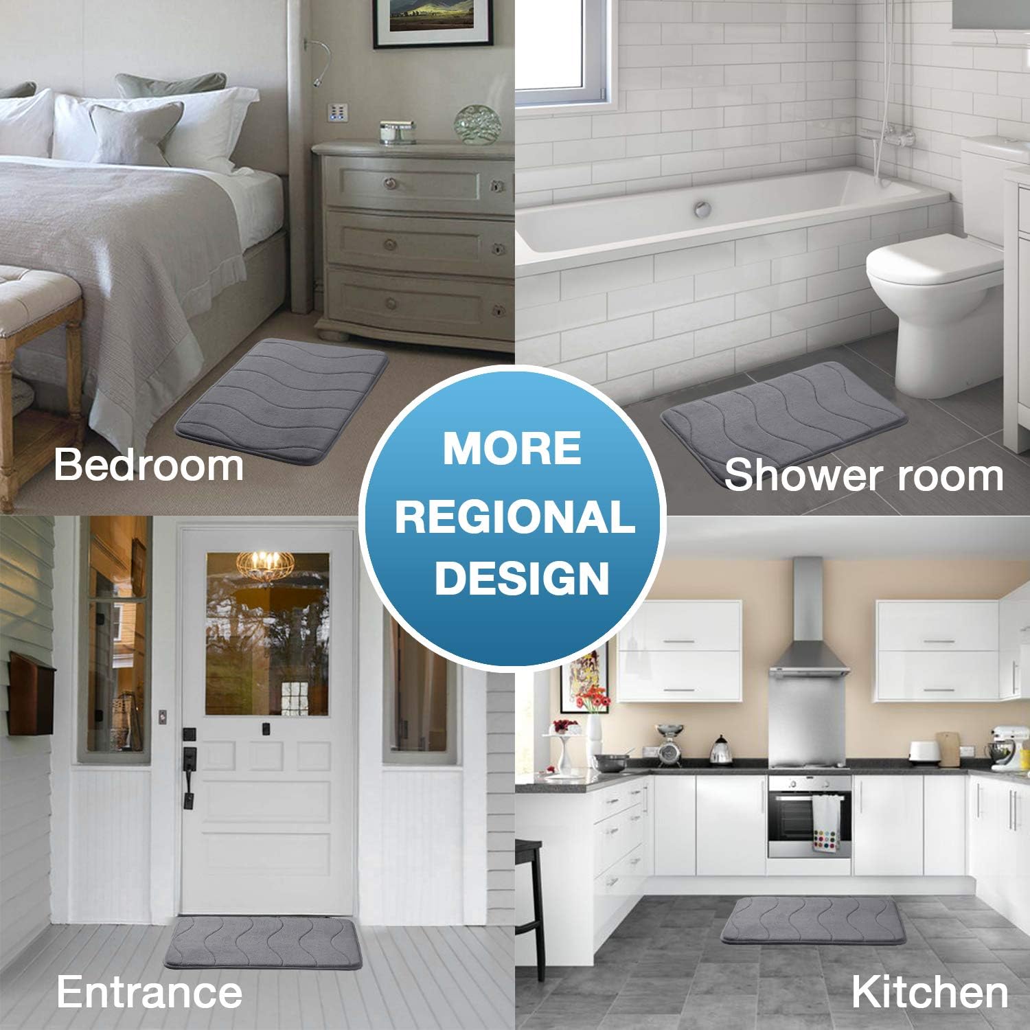 Memory Foam Coral Fleece Non Slip Bathroom Mat, Super Soft Microfiber Bath Mat Machine Washable Bath Rugs Super Absorbent Thick and Durable Bath Rugs 17W X 24L Inches (Gray Waved Pattern): Home & Kitchen