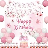 Fangleland Cherry Blossom Happy Birthday Decorations, Japanese Sakura Banner Backdrop Cake Topper and Balloons for Girls Women Birthday Party Supplies