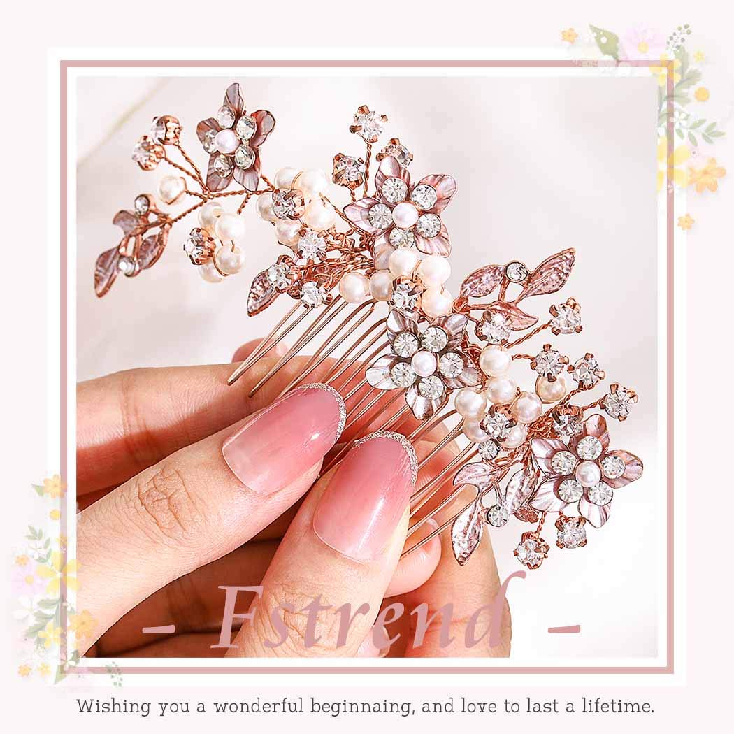 Fstrend Bridal Wedding Hair Comb Gold Rhinestone Flower Bride Hair Side Combs Clips Pearl Leaf Hair Accessories for Women and Girls (rose gold) : Beauty