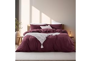 NEXHOME PRO Duvet Cover Set Kids Twin Size Linen Look Textured Organic Natural 100% Washed Cotton Duvet Cover Burgundy Dark Red 2 Pieces Bedding Set with Zipper Closure, Breathable (No Comforter)