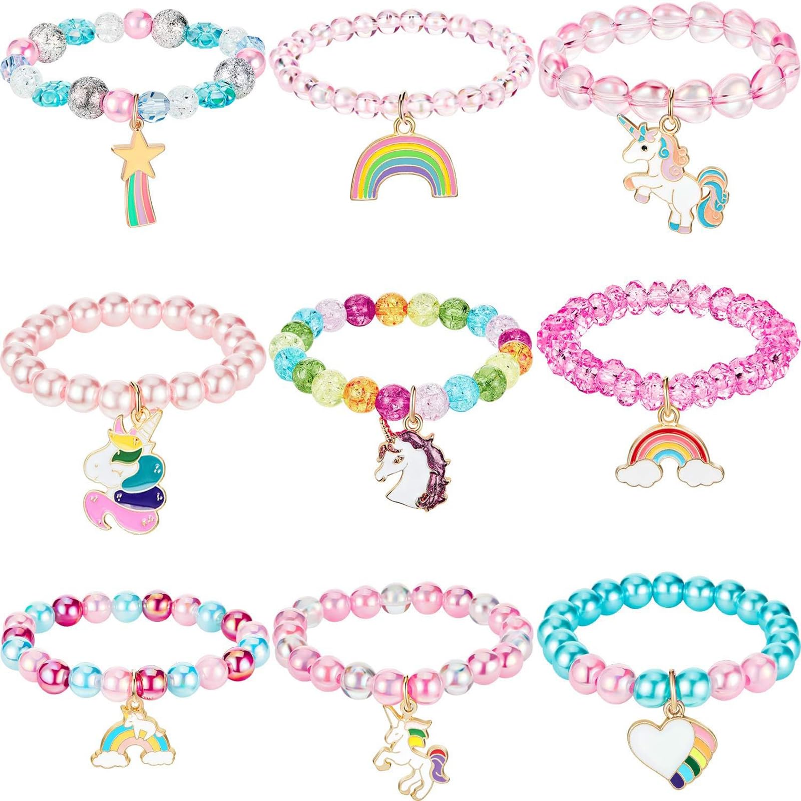 Hicarer 9 Pieces Colorful Unicorn Bracelet Girls Unicorn Bracelets Rainbow Unicorn Beaded Bracelet for Birthday Party Favors (Bead Style)