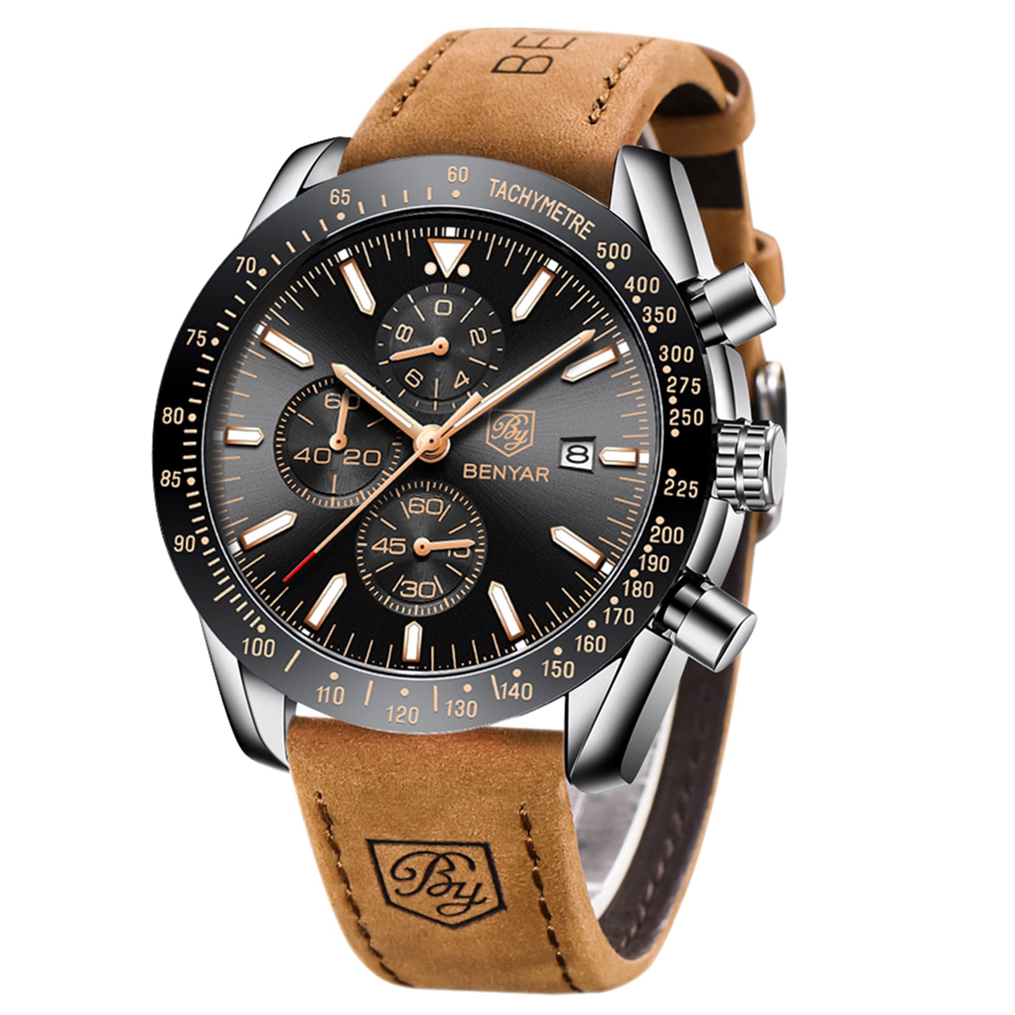 BY BENYAR Mens Watches Analog Quartz Chronograph Waterproof Brown Leather Men's Wrist Watches Business Work Casual Sport Classic Big Face Dress Watch Unique Elegant Gifts for Men โ image 1