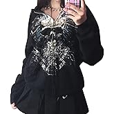 Kodaruber Women Y2K Skull Hoodie Graphic Zip Up Grunge Aesthetic Hoodies Casual Vintage Oversized Sweatshirt Harajuku Jacket