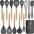 14 Pcs Silicone Cooking Utensils Kitchen Utensil Set - 446°F Heat Resistant,Turner Tongs, Spatula, Spoon, Brush, Whisk, Woode