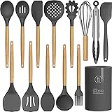 14 Pcs Silicone Cooking Utensils Kitchen Utensil Set - 446°F Heat Resistant,Turner Tongs, Spatula, Spoon, Brush, Whisk, Woode