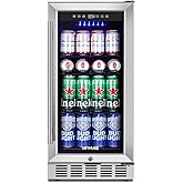 ORYMUSE 15 Inch Beverage Refrigerator, 130 Can Capacity Under Counter Fridge with Lock & Glass Door, Quiet Built-in or Freest