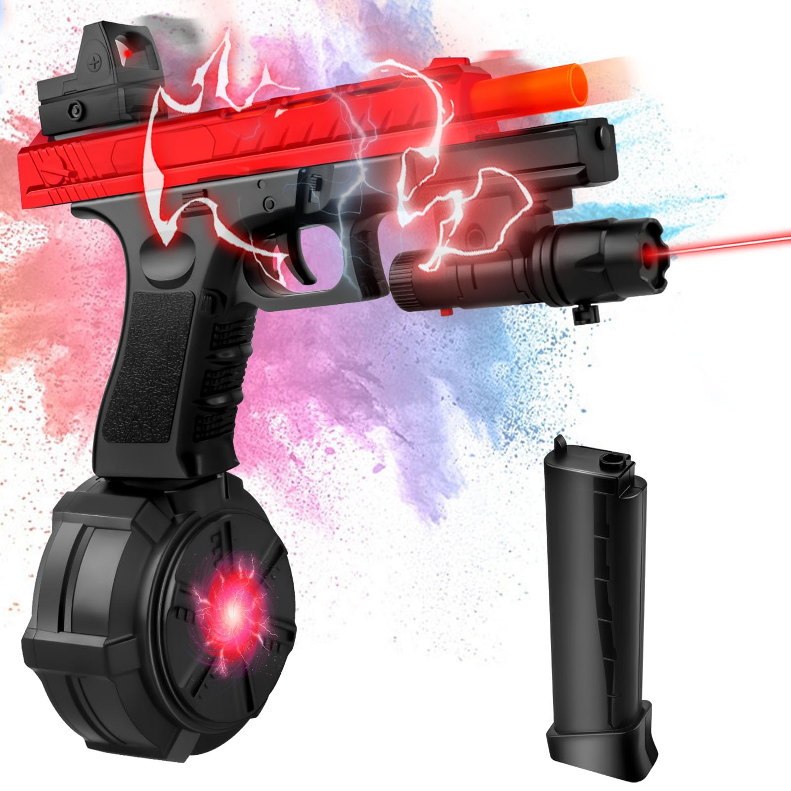 Photo 1 of JM-X2 Gel Ball Blaster with Drum, Pistol Splatter Blaster with Manual & Automatic Dual Mode, Linked Shooting Effect, Ages 14+, Reddish Black