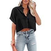 Tankaneo Womens Button Down Cropped Shirts Long Sleeve Casual Crop Tops Solid Lapel Blouse Shirt with Chest Pocket
