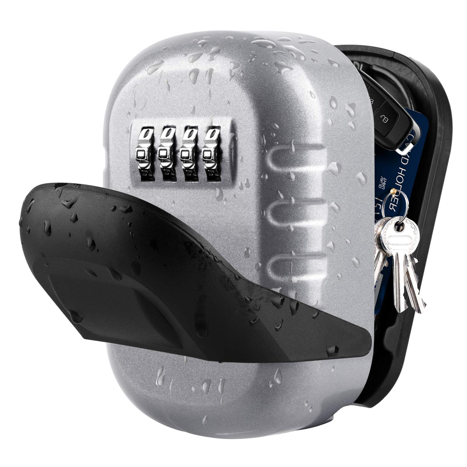 BTNEEU Key Safe Wall Mounted Lockbox, 4 Digit Combination Key Lock Box for Indoor Outdoor, Aluminum Alloy Portable Key Storage Box for House Spare Keys Airbnb Home Garage School Office (cover_silver)