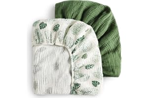 Blissful Diary Muslin Crib Sheets for Girl Boy, Boho Neutral Soft Cotton Baby Sheet for 52''x28'' Standard Crib Mattress, 2 Pack(Monstera&Dark Green)