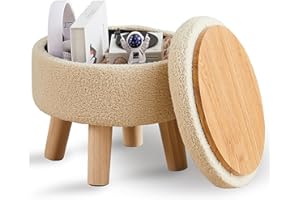 Wimarsbon Storage Ottoman, Modern Round Footrest with Soft Padded Seat, Teddy Velvet Footstool with Wood Legs, Accent Small Table or Plant Stand for Hallway, Living Room (Off-White)