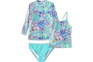 LOLLISY Girls 3 Piece Rash Guard Swimsuits Set Tankini Bathing Suits for Girls Long Sleeve Beach Swimwear 3-16 Years