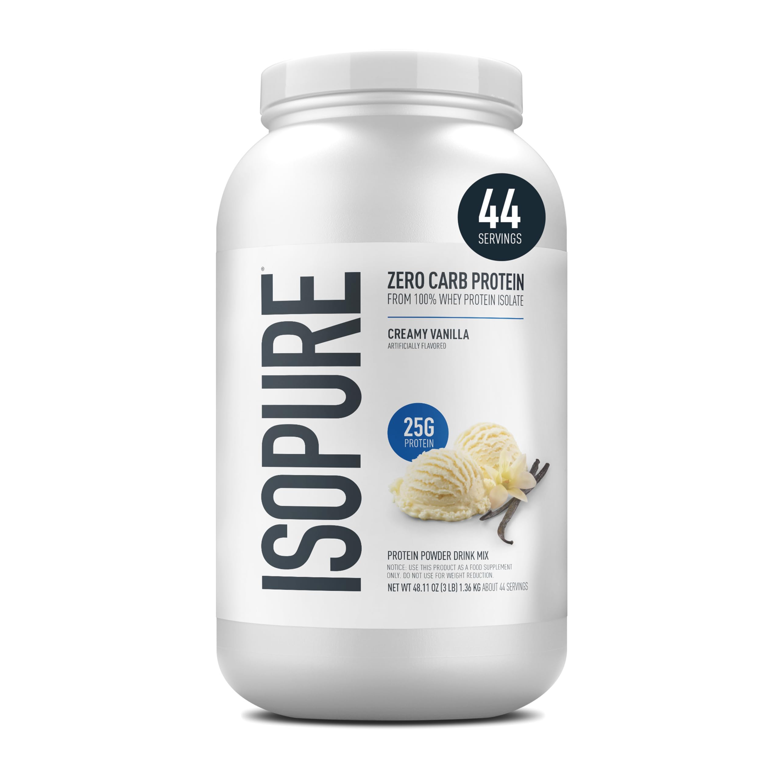 Isopure Zero Carb 100% Pure Whey Isolate Protein Powder, Gluten Free, with Vitamins, Creamy Vanilla, 25g Protein Per Serving, 3 lb