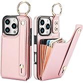 Folosu for iPhone 16 Pro Wallet Case with Card Holder, Hand Wrist Strap Loop Holder Kickstand, RFID Blocking Finger Grip Ring PU Leather Double Buttons Shockproof Cover 6.3" Rose Gold