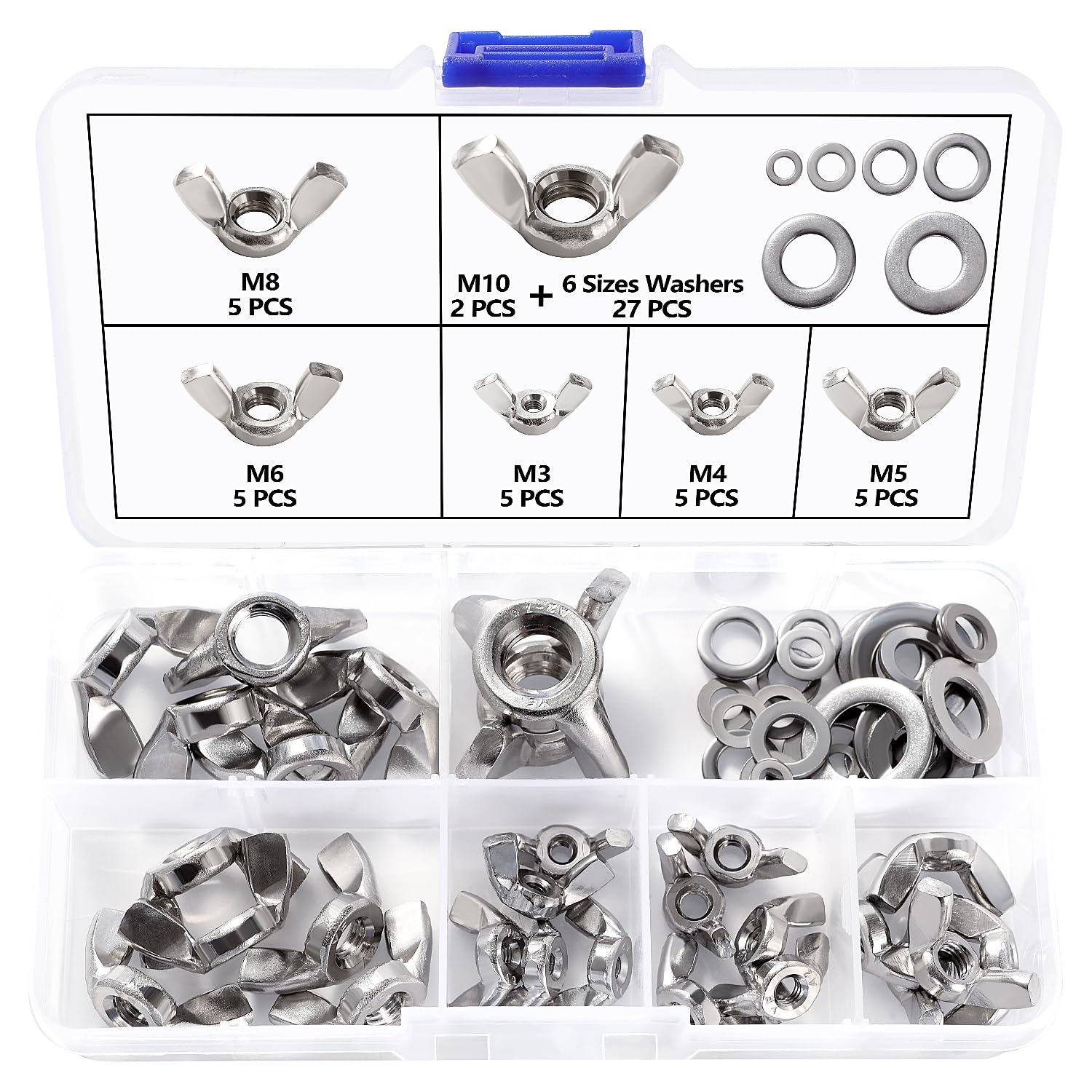 Lyeteung 27 PCS M3/M4/M5/M6/M8/M10 Butterfly Nut Set, Stainless Steel Wing Nuts, Hand Twist Tighten Ear Wingnuts, with 27 PCS Flat Washers, for DIY Tools, Machinery, Electronic Equipment