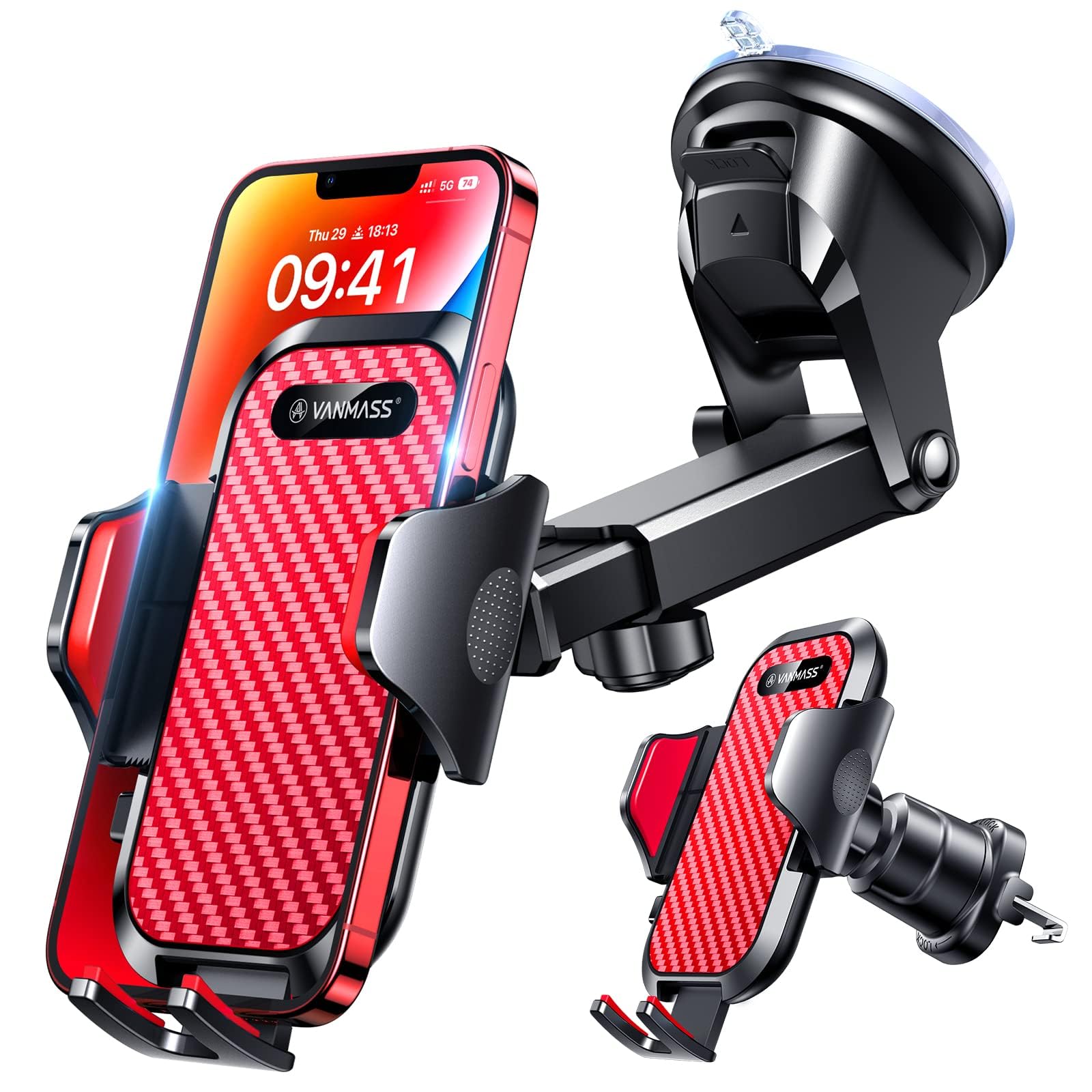 VANMASS BEST Car Phone Holder [Upgraded Suction & Clip] Rotatable Universal Mobile Phone Mount Dashboard Windscreen Vent Cradle Van Automobile Accessories for iPhone 15 Pro Max 14 13 12 8,Red