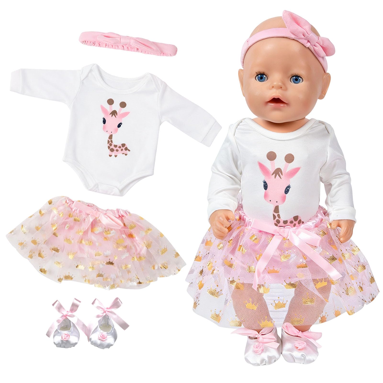 Baby Doll Clothes Tutu Dress for 14-18Inch Baby Doll, 43cm Sweet Doll Clothes with Cute Giraffe Pattern Ballet Shoes Pink Headband Baby Dolls Clothes Set Compatible with New Born Baby 35-45 cm Dolls
