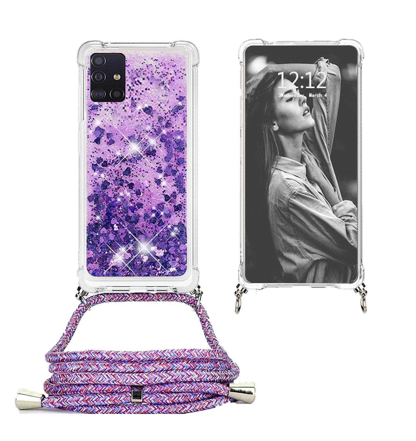 Ptny Lanyard Case Glitter Compatible with Samsung Galaxy A51 4G, Phone Case with Cord Strap for Women Girls Protective Case, Shockproof Clear Soft TPU Bumper Silicone Cover Personalised, Flower purple